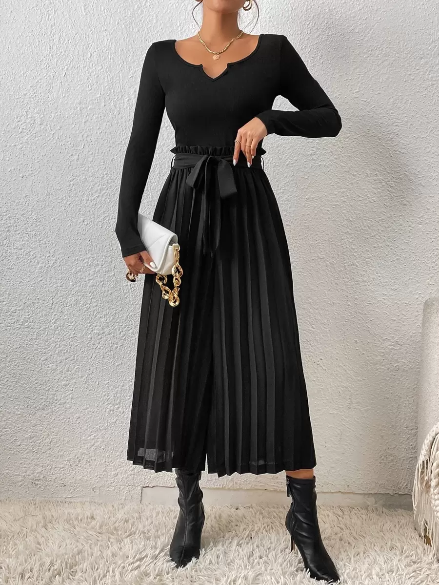 SHEIN Frenchy Notched Neck Pleated Hem Belted Wide Leg Jumpsuit - Black - View 1