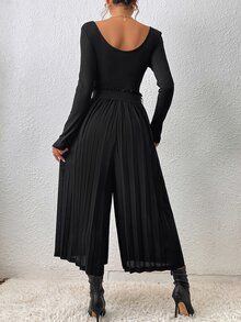 SHEIN Frenchy Notched Neck Pleated Hem Belted Wide Leg Jumpsuit - Black - View 2
