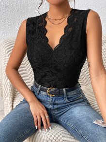 SHEIN Frenchy Scallop Trim Lace Tank Top - Black - View 4