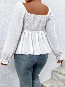 Calvaya Plus Knot Front Flounce Sleeve Peplum Blouse - White - View 2