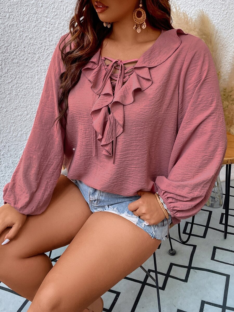 SHEIN LUNE Blusa ribete con fruncido con cordón delantero de manga farol - Rosa vieja - Ver 1