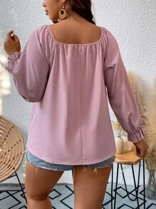 SHEIN LUNE Plus Guipure Lace Insert Flounce Sleeve Knot Front Blouse - Dusty Pink - View 2