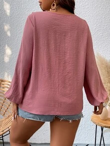 SHEIN LUNE Blusa ribete con fruncido con cordón delantero de manga farol - Rosa vieja - Ver 2