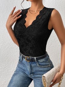 SHEIN Frenchy Scallop Trim Lace Tank Top - Black - View 6