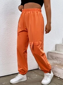 Flirla Plus Laddering Cutout Flap Pocket Cargo Trousers With Chain - Orange - View 3