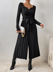SHEIN Frenchy Notched Neck Pleated Hem Belted Wide Leg Jumpsuit - Black - View 5