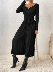 SHEIN Frenchy Notched Neck Pleated Hem Belted Wide Leg Jumpsuit - Black - View 6
