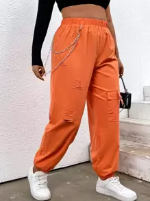 Flirla Plus Laddering Cutout Flap Pocket Cargo Trousers With Chain - Orange - View 4