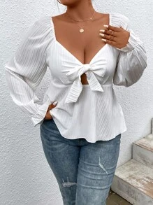 Calvaya Plus Knot Front Flounce Sleeve Peplum Blouse - White - View 6