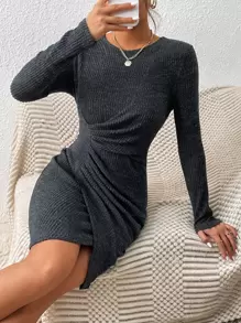 SHEIN Frenchy 素色褶邊鬱金香下擺緊身連衣裙 - 深灰色 - 查看 5