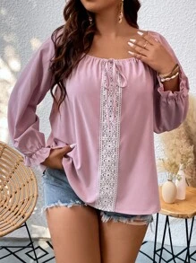 SHEIN LUNE Plus Guipure Lace Insert Flounce Sleeve Knot Front Blouse - Dusty Pink - View 4