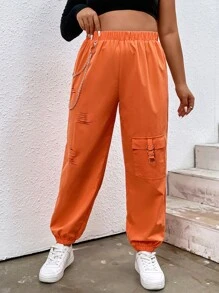 Flirla Plus Laddering Cutout Flap Pocket Cargo Trousers With Chain - Orange - View 6