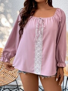SHEIN LUNE Plus Guipure Lace Insert Flounce Sleeve Knot Front Blouse - Dusty Pink - View 6