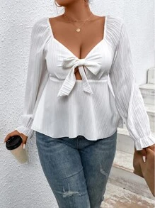 Calvaya Plus Knot Front Flounce Sleeve Peplum Blouse - White - View 8