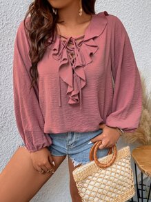 SHEIN LUNE Blusa ribete con fruncido con cordón delantero de manga farol - Rosa vieja - Ver 6