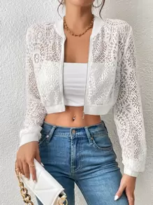 SHEIN Privé Zip Up Crop Lace Bomber Jacket - White - View 1