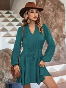 SHEIN LUNE Lantern Sleeve Ruffle Hem Belted Dress - Teal Blue - View 1