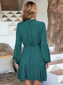 SHEIN LUNE Lantern Sleeve Ruffle Hem Belted Dress - Teal Blue - View 2