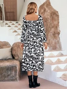 SHEIN LUNE Geo Print Square Neck Lantern Sleeve Dress - Black and White - View 2