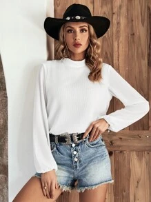 SHEIN Essnce Top de cuello alto de manga farol tejido de canalé - Blanco - Ver 1
