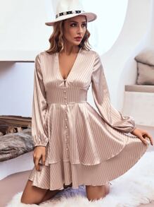 SHEIN LUNE Striped Jacquard Lantern Sleeve Two Layer Hem Satin Dress - Dusty Pink - View 3