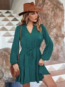 SHEIN LUNE Lantern Sleeve Ruffle Hem Belted Dress - Teal Blue - View 5
