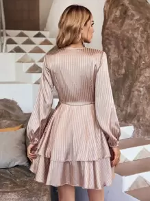 SHEIN LUNE Striped Jacquard Lantern Sleeve Two Layer Hem Satin Dress - Dusty Pink - View 4