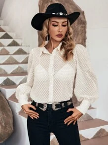 SHEIN Essnce Button Front Lantern Sleeve Shirt Without Bra - White - View 3