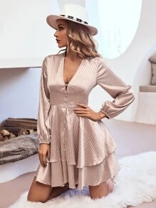 SHEIN LUNE Striped Jacquard Lantern Sleeve Two Layer Hem Satin Dress - Dusty Pink - View 5