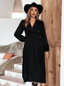 SHEIN LUNE Lantern Sleeve Pleated Hem Dress - Black - View 5