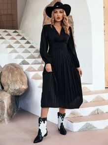 SHEIN LUNE Lantern Sleeve Pleated Hem Dress - Black - View 6