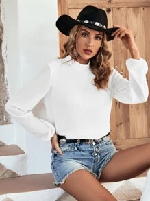 SHEIN Essnce Top de cuello alto de manga farol tejido de canalé - Blanco - Ver 5