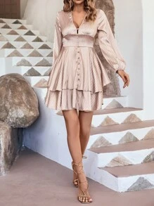 SHEIN LUNE Striped Jacquard Lantern Sleeve Two Layer Hem Satin Dress - Dusty Pink - View 2
