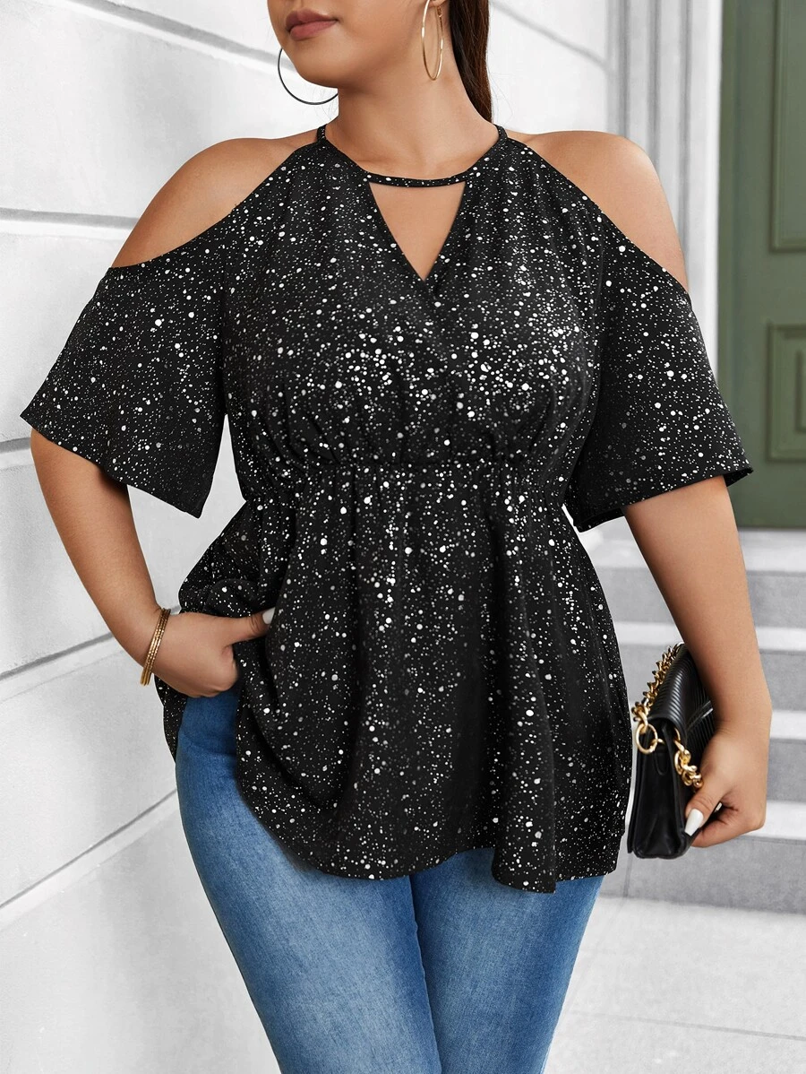 SHEIN Clasi 大碼斑點印花挖肩鏤空荷葉邊下擺襯衫 - 彩色 - 查看 1