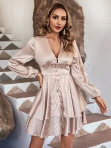 SHEIN LUNE Striped Jacquard Lantern Sleeve Two Layer Hem Satin Dress - Dusty Pink - View 6