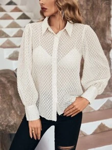 SHEIN Essnce Button Front Lantern Sleeve Shirt Without Bra - White - View 6