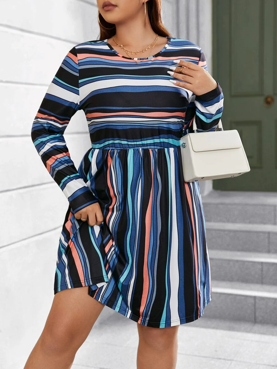 SHEIN LUNE Plus Striped Print Dress - Multicolor - View 1