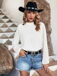 SHEIN Essnce Top de cuello alto de manga farol tejido de canalé - Blanco - Ver 6