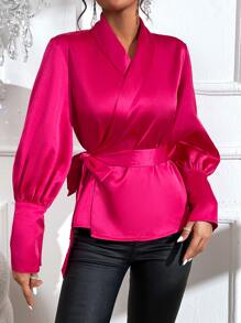 SHEIN Privé Blusa de cuello esmoquin de manga farol con cinturón - Rosa Fucsia - Ver 5