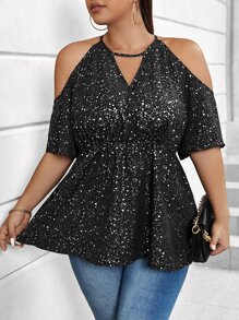 SHEIN Clasi 大碼斑點印花挖肩鏤空荷葉邊下擺襯衫 - 彩色 - 查看 4