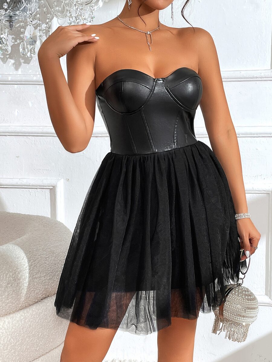 SHEIN BAE Contrast Mesh Zip Back Bustier Tube Dress - Black - View 1