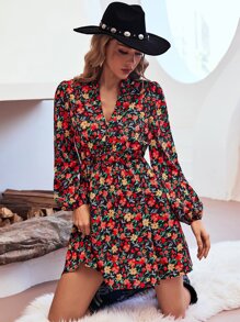 SHEIN LUNE Allover Floral Print Lantern Sleeve Dress - Black - View 1