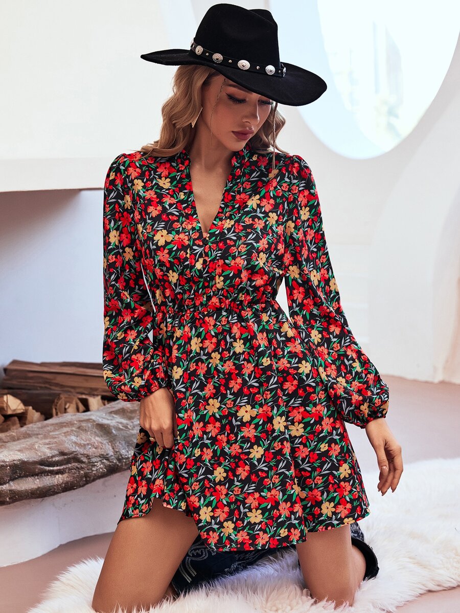 SHEIN LUNE Allover Floral Print Lantern Sleeve Dress - Black - View 1