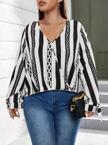 SHEIN LUNE Blusa de rayas & con estampado de cadena de cuello cruzado - Blanco y Negro - Ver 3