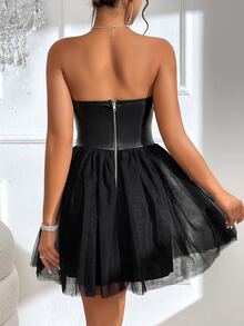 SHEIN BAE Contrast Mesh Zip Back Bustier Tube Dress - Black - View 2