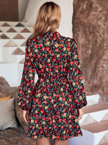 SHEIN LUNE Allover Floral Print Lantern Sleeve Dress - Black - View 2