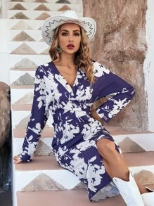 SHEIN LUNE Floral Print Zip Back Dress - Blue and White - View 1