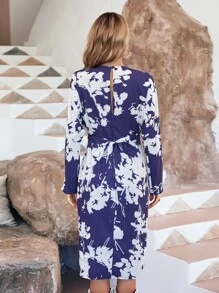 SHEIN LUNE Floral Print Zip Back Dress - Blue and White - View 2