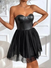 SHEIN BAE Contrast Mesh Zip Back Bustier Tube Dress - Black - View 4