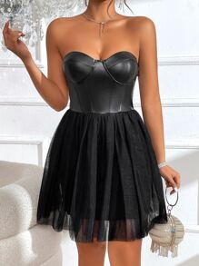 SHEIN BAE Contrast Mesh Zip Back Bustier Tube Dress - Black - View 6
